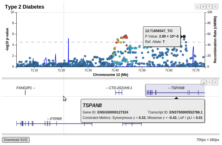 Sample of LocusZoom.js visualizing Type 2 Diabetes data with interactivity